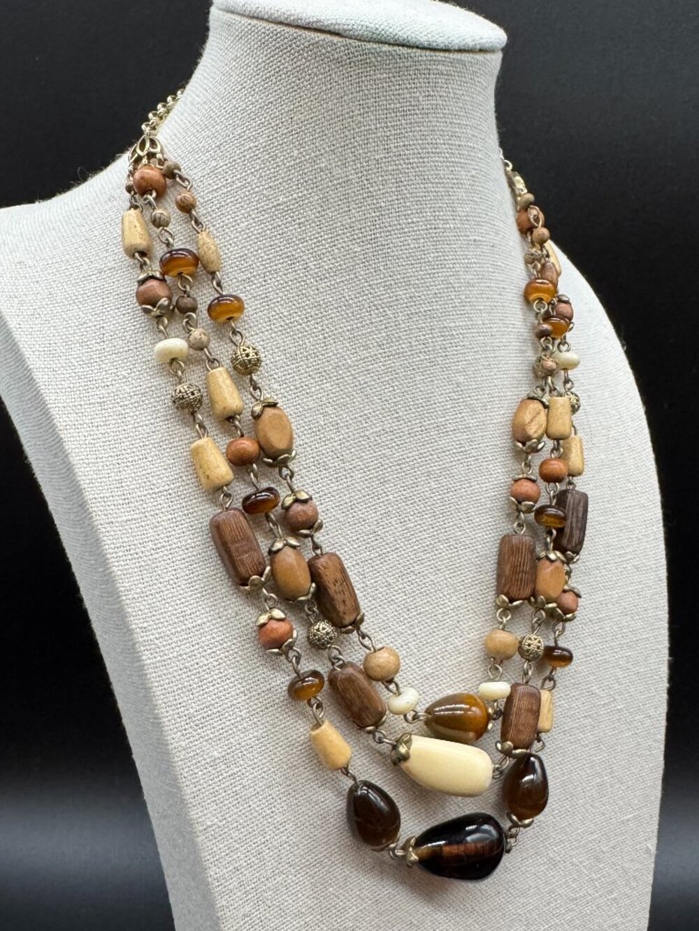 Beaded Necklace 3 strands Gold Tone Cream and Brown Beads 18 inches